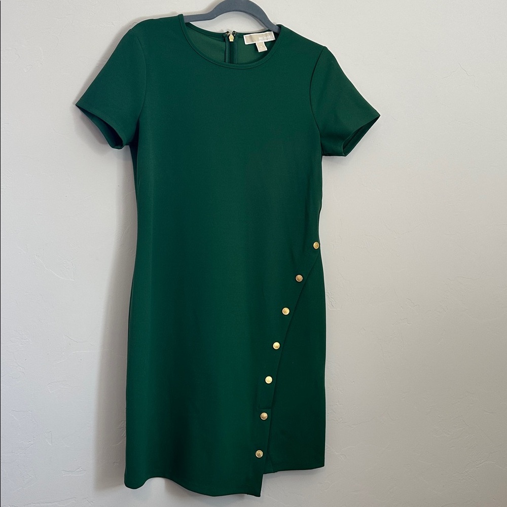 Michael Kors Green Sheath Dress with Gold Button Accents